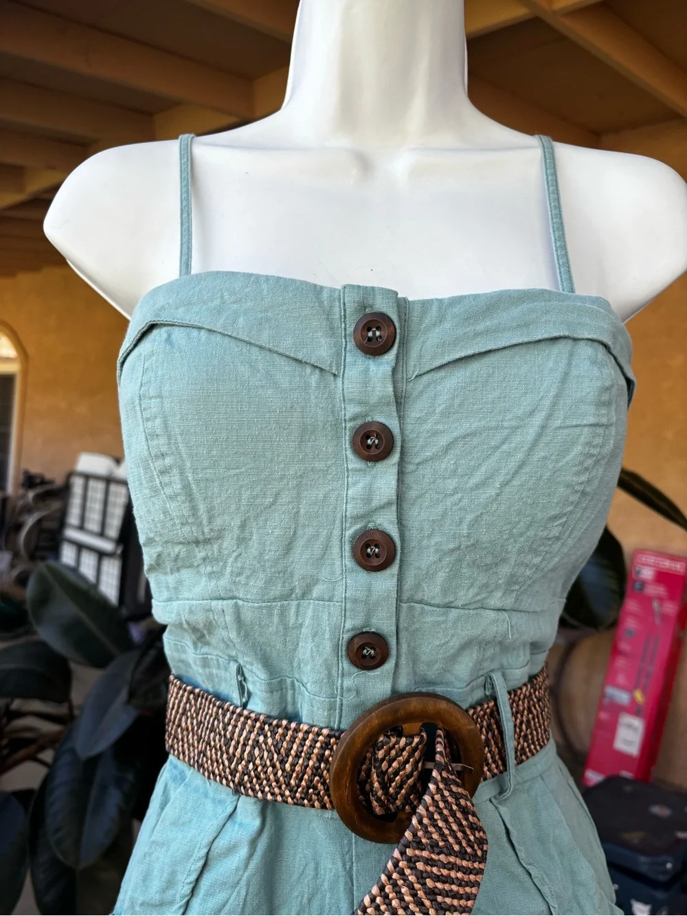 Chocolate Teal Smocked Waist Linen-Blend Top - Picture 2 of 9